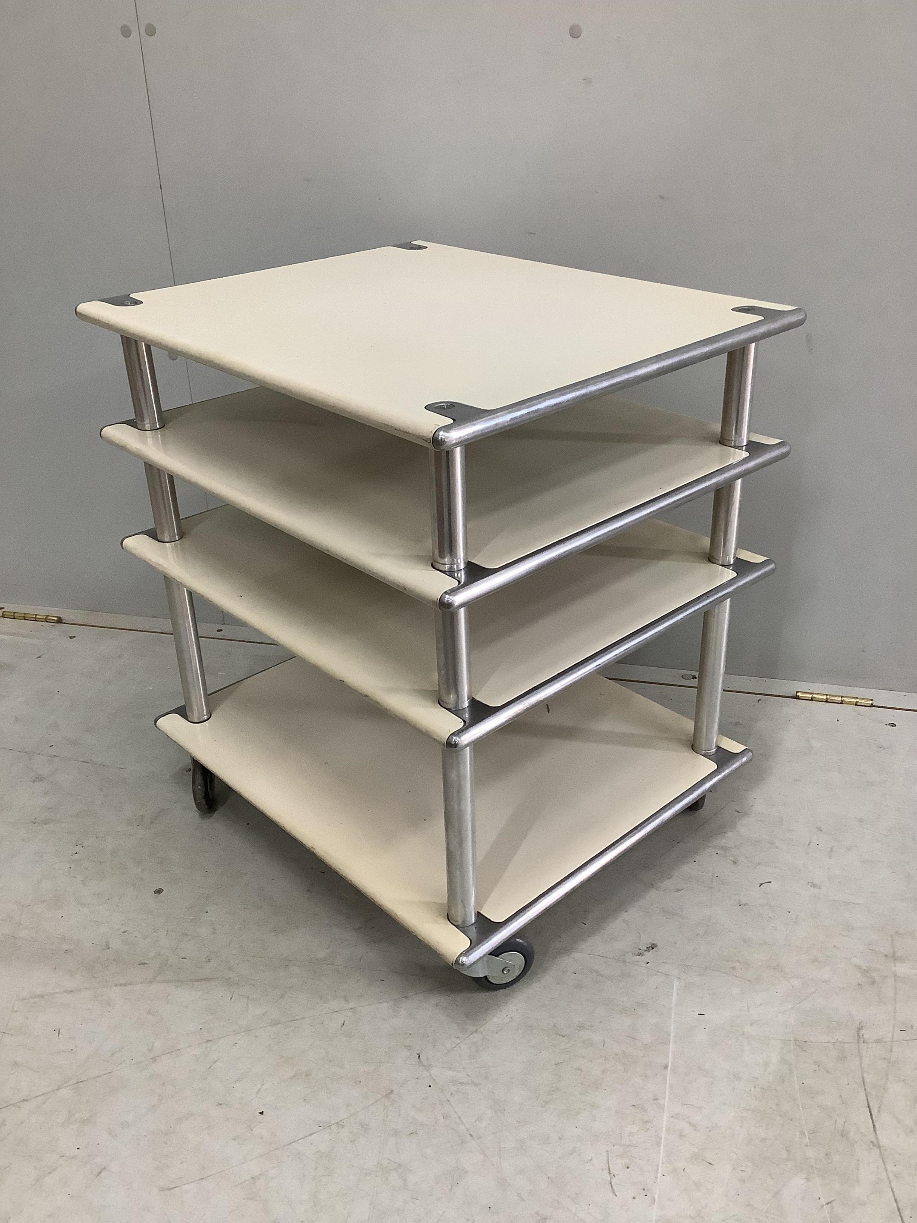 A mid century metal and aluminium four tier bar cart, width 49cm, depth 66cm, height 60cm. Condition - fair